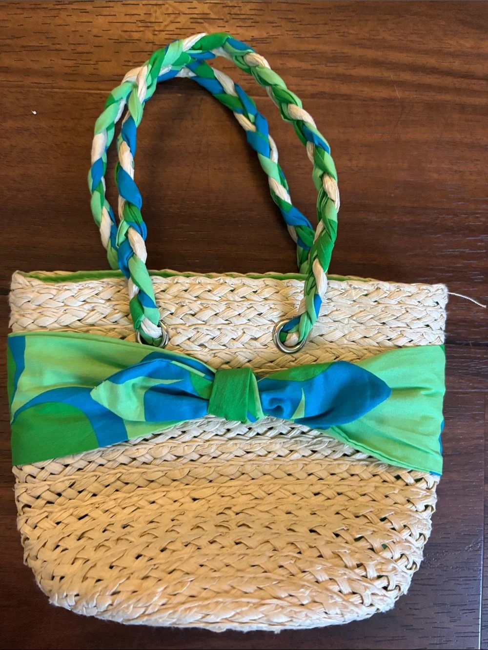Braided Handle Straw Tote with Green & Blue Bow Accent